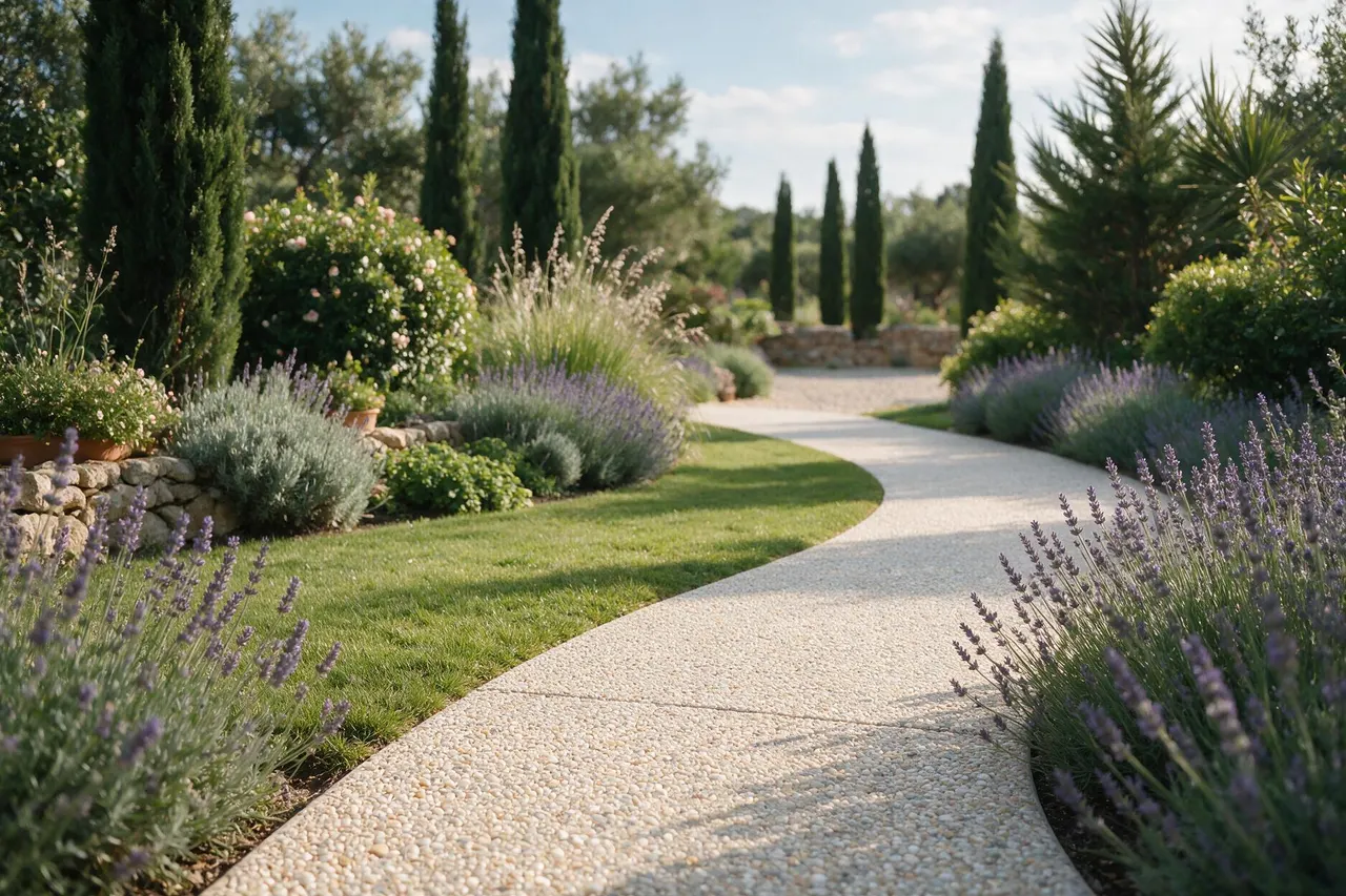 Camí de jardí de formigó desactivat d'àrid fi entre lavanda i gespa