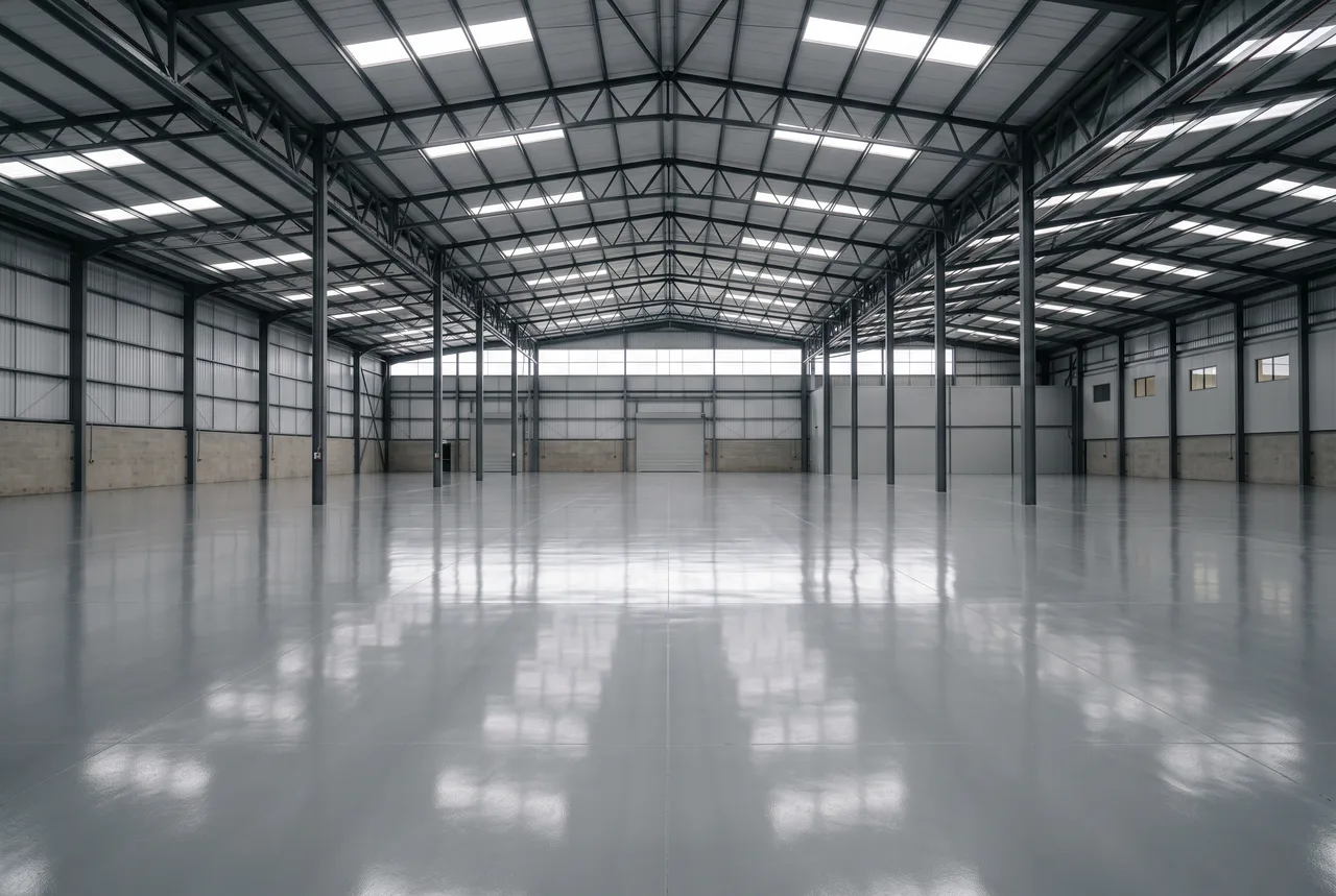 Nave industrial diáfana con pavimento continuo de resina gris de acabado satinado
