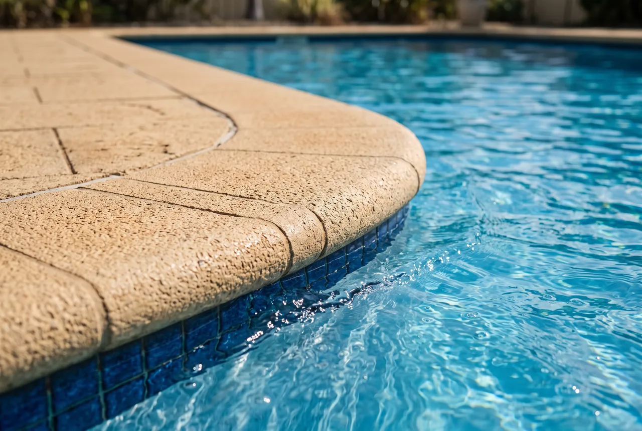 Detall de coronament de piscina amb cantell arrodonit i textura antilliscant vora l'aigua